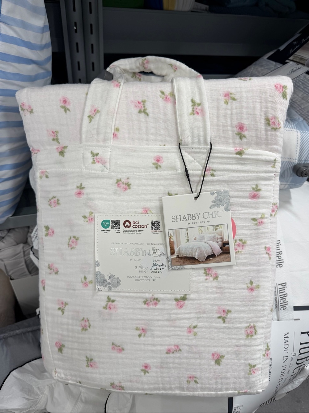 Shabby Chic Pink 3 PC King Gauze Duvet Set Pink Rose with Ruffles ~ Matching Bag - Picture 11 of 16
